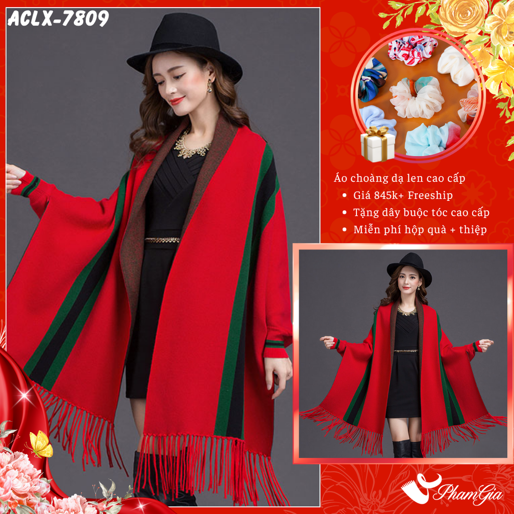 Áo Choàng Len Cashmere Luxury Họa Tiết Kẻ Sọc Màu Đỏ