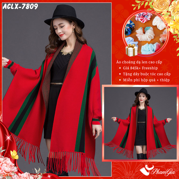 Áo Choàng Len Cashmere Luxury Họa Tiết Kẻ Sọc Màu Đỏ (ACLX7809)