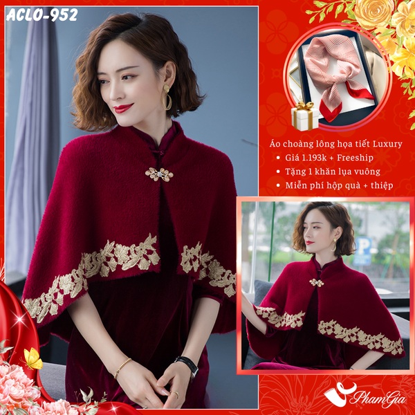 Áo Choàng Lông Luxury Phối Đăng Ten Cổ Điển Màu Đỏ Mận Kiều Diễm (ACLO952)