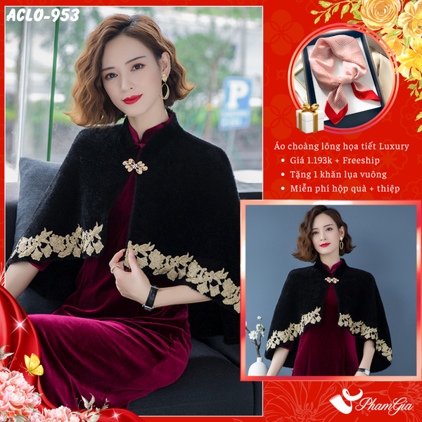 Áo Choàng Lông Luxury Phối Đăng Ten Cổ Điển Màu Đỏ Mận Quý Phái (ACLO953)