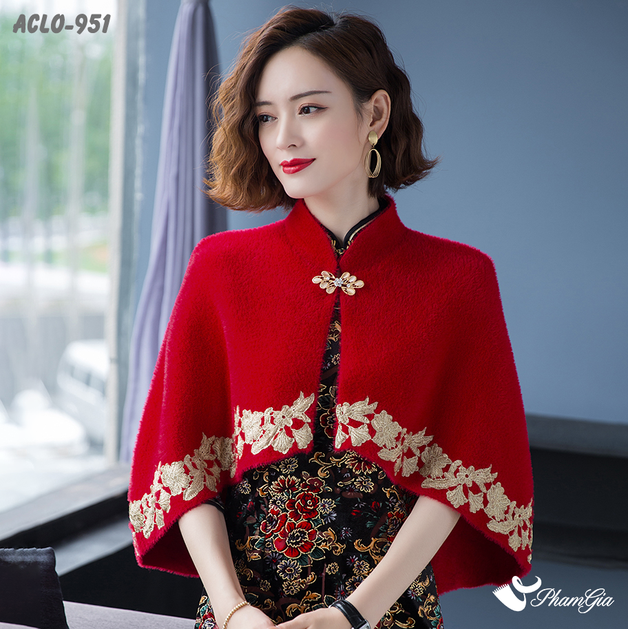 Góc Thẳng Áo Choàng Lông Luxury Phối Đăng Ten Cổ Điển Màu Đỏ Ruby Sang Trọng