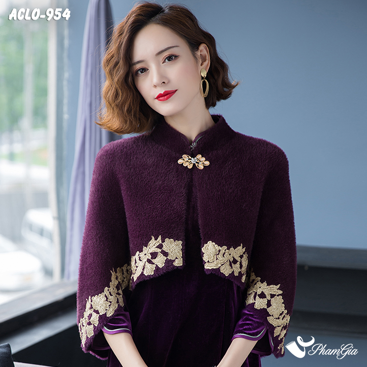Áo Choàng Lông Luxury Phối Đăng Ten Cổ Điển Màu Tím Cẩm Trang Nhã