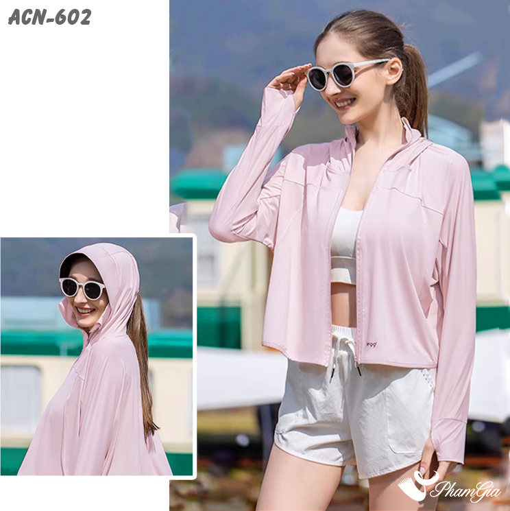 Model Mặc Áo Chống Nắng Croptop Uni Cool Cao Cấp Màu Hồng Pastel