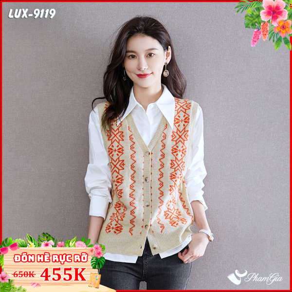 Áo Len Ghile Cao Cấp Họa Tiết Thổ Cẩm Màu Cam (LUX9119)