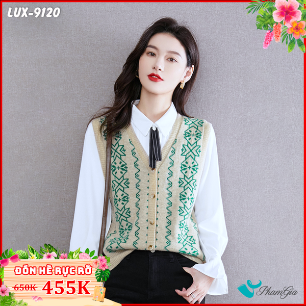 Áo Len Ghile Cao Cấp Họa Tiết Thổ Cẩm Màu Xanh (LUX9120)