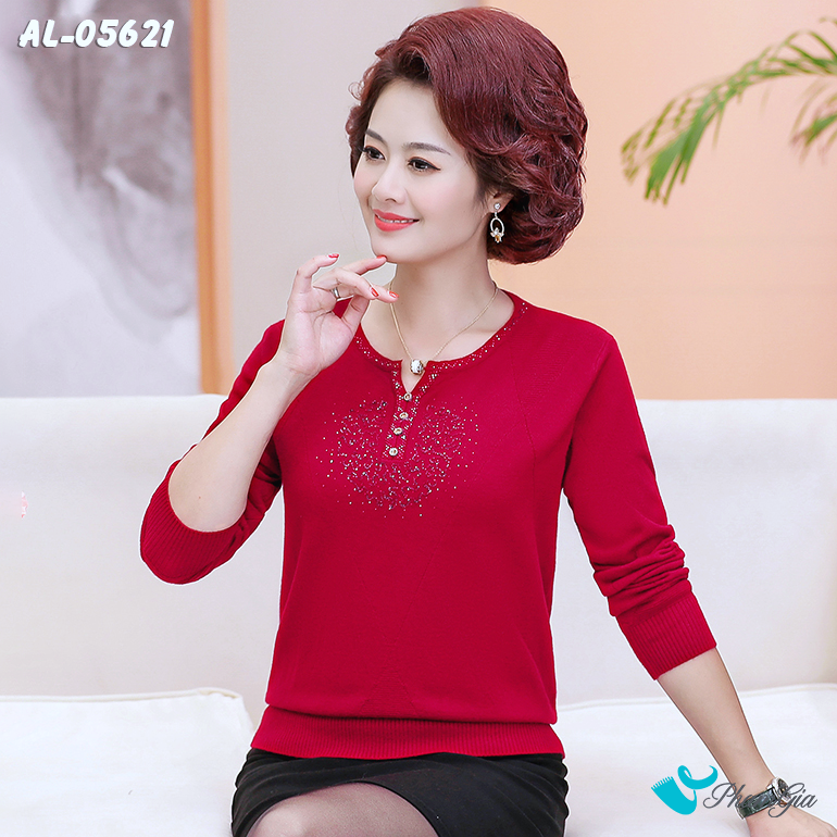 Góc Phải Áo Len Nữ Đính Hạt Cao Cấp Màu Đỏ