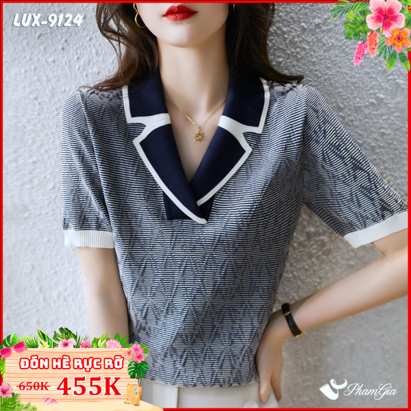 Áo Len Tay Ngắn Thời Trang Màu Xanh Navy (LUX9124)