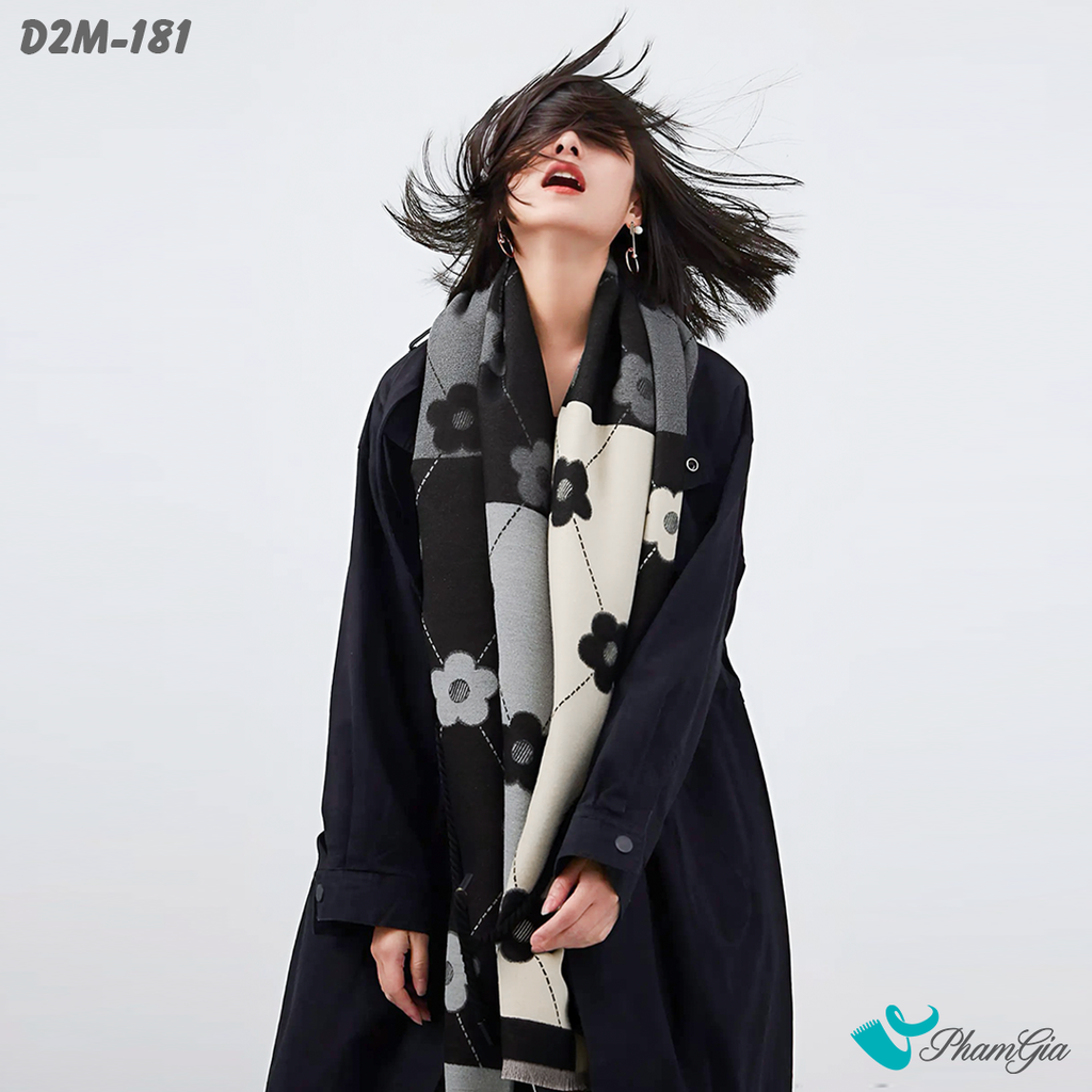Model Choàng Khăn Choàng Dạ Cashmere 2 Mặt Cao Cấp Họa Tiết Hoa Mai Phối Màu Trắng Đen Hiện Đại