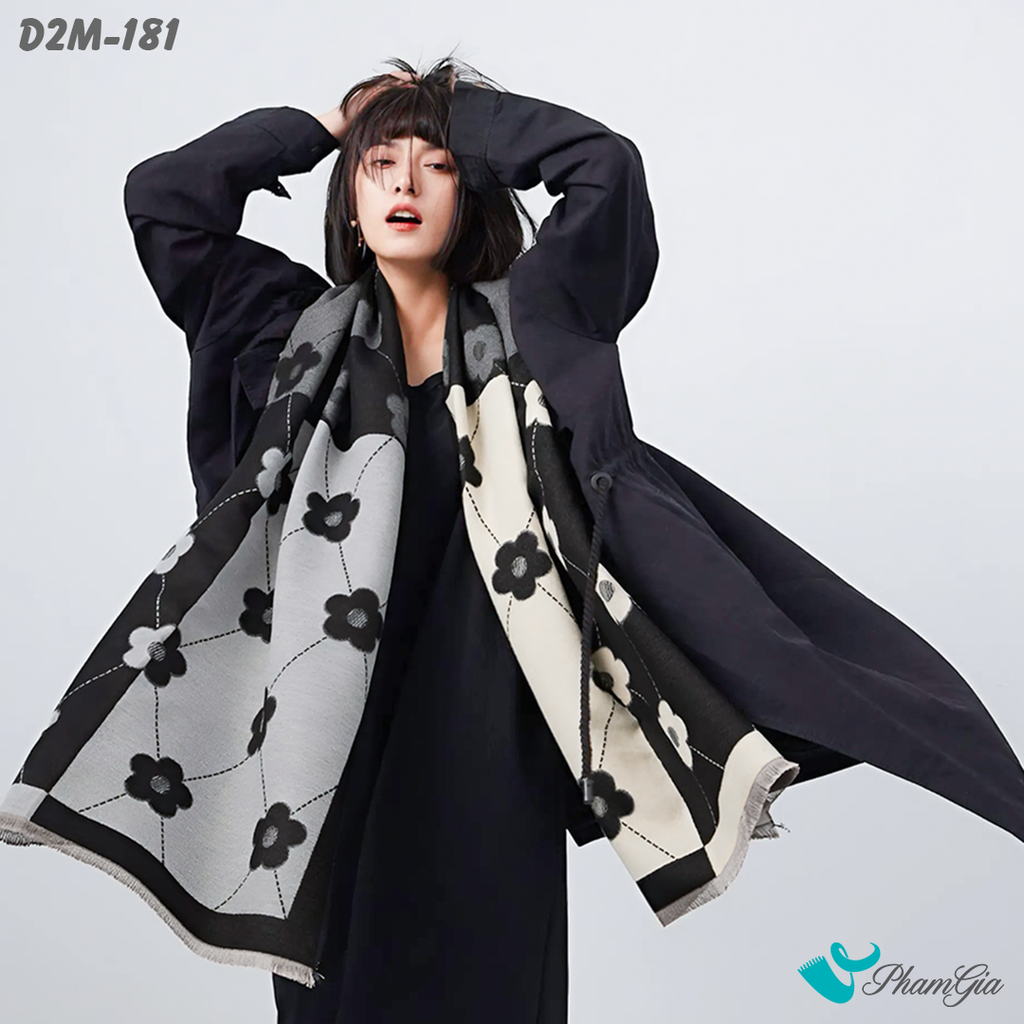 Người Mẫu Choàng Khăn Choàng Dạ Cashmere 2 Mặt Cao Cấp Họa Tiết Hoa Mai Phối Màu Trắng Đen Hiện Đại