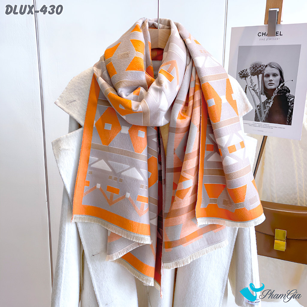 Khăn Choàng Dạ Cashmere Cao Cấp Họa Tiết Hình Học Hiện Đại Màu Cam Phối Xám Thanh Lịch