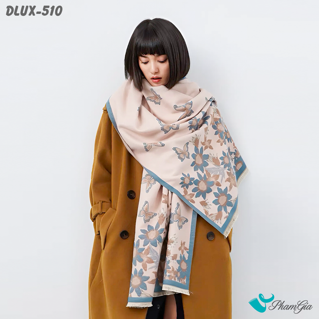 Khăn Choàng Dạ Cashmere Cao Cấp Họa Tiết Hoa Cúc Màu Xanh Phối Nền Hồng Nude Nhẹ Nhàng