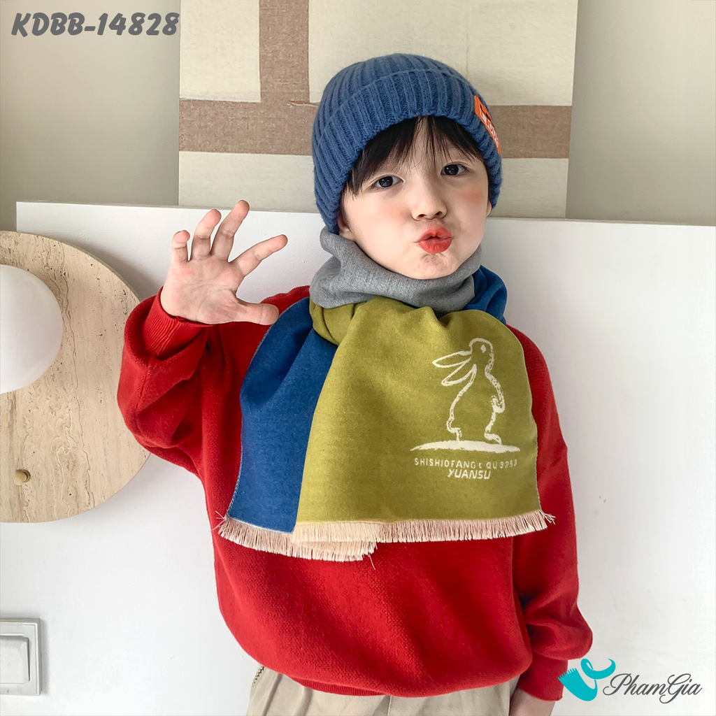 Góc Chính Diện Khăn Dạ Baby Giữ Ấm Họa Tiết Thỏ Con Phối Màu Xanh Oliu - Xanh Navy Đáng Yêu