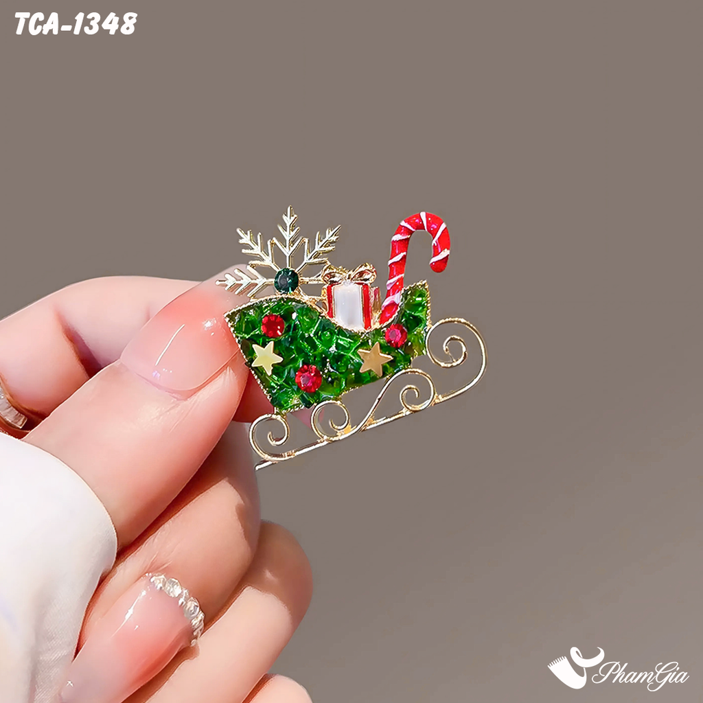 Ghim Cài Áo Xe Trượt Tuyết Phát Quà Giáng Sinh Đính Đá Sắc Màu Lấp Lánh (TCA1348)