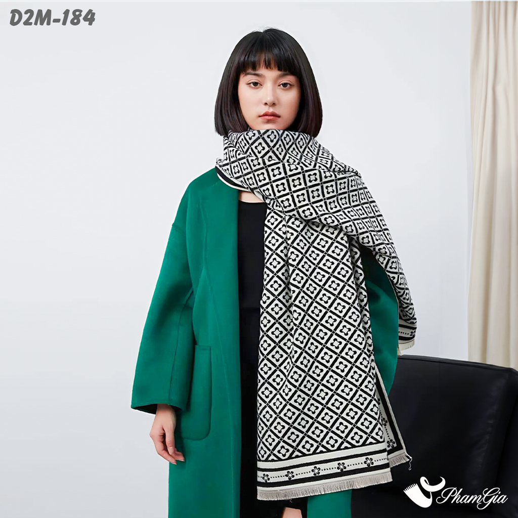 Khăn Choàng Dạ Cashmere 2 Mặt Cao Cấp Họa Tiết Caro Retro Phối Màu Trắng Đen Ấn Tượng