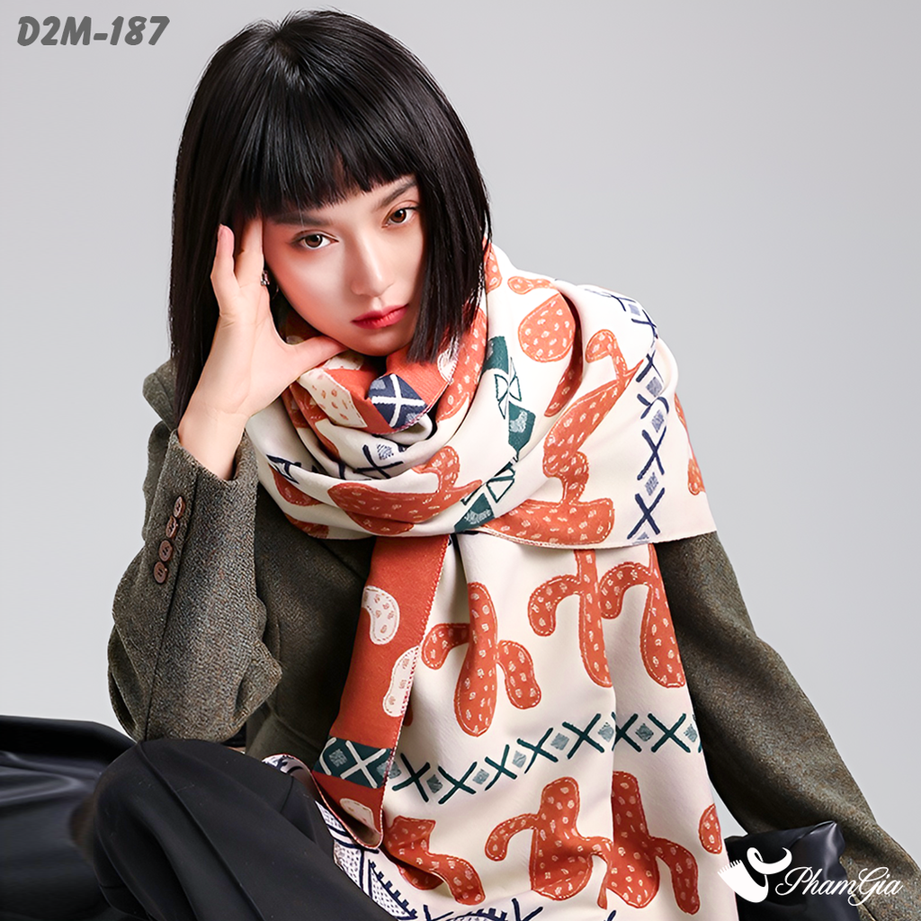 Model Choàng Khăn Choàng Dạ Cashmere 2 Mặt Cao Cấp Họa Tiết Thổ Cẩm Xương Rồng Màu Cam Cá Tính