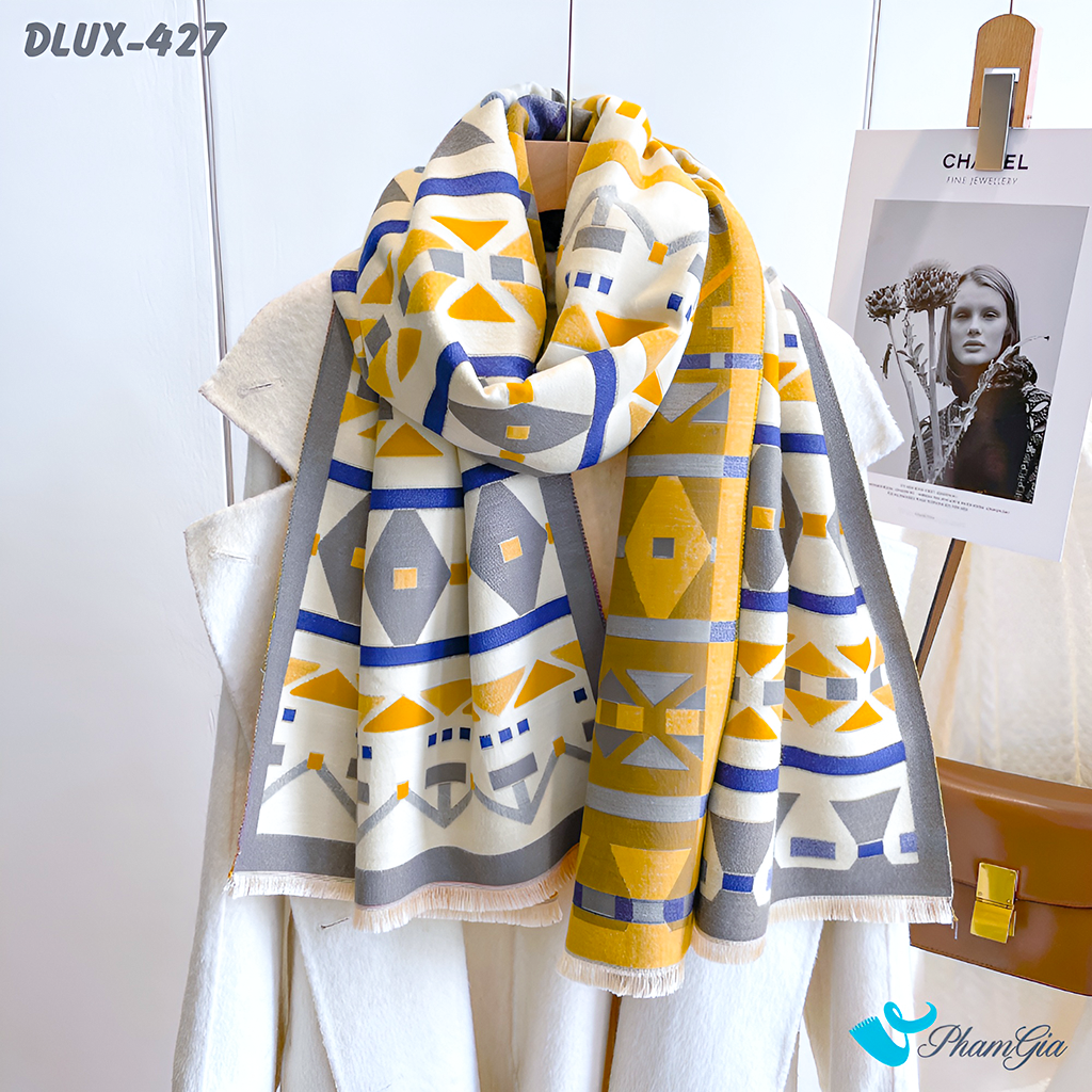 Khăn Choàng Dạ Cashmere Cao Cấp Họa Tiết Hình Học Hiện Đại Màu Vàng Viền Xanh Cá Tính
