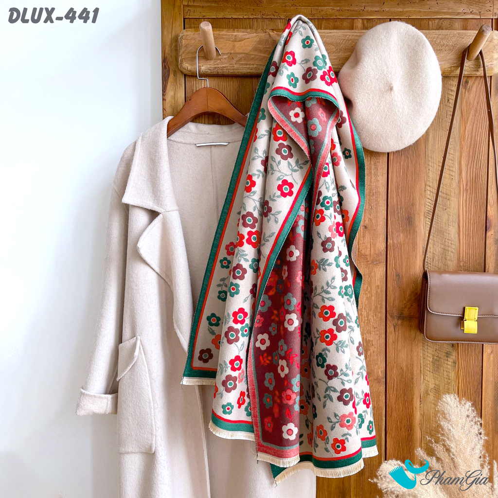 Góc Thẳng Khăn Choàng Dạ Cashmere Cao Cấp Họa Tiết Hoa Nhí Màu Đỏ Phối Nền Beige Thanh Lịch