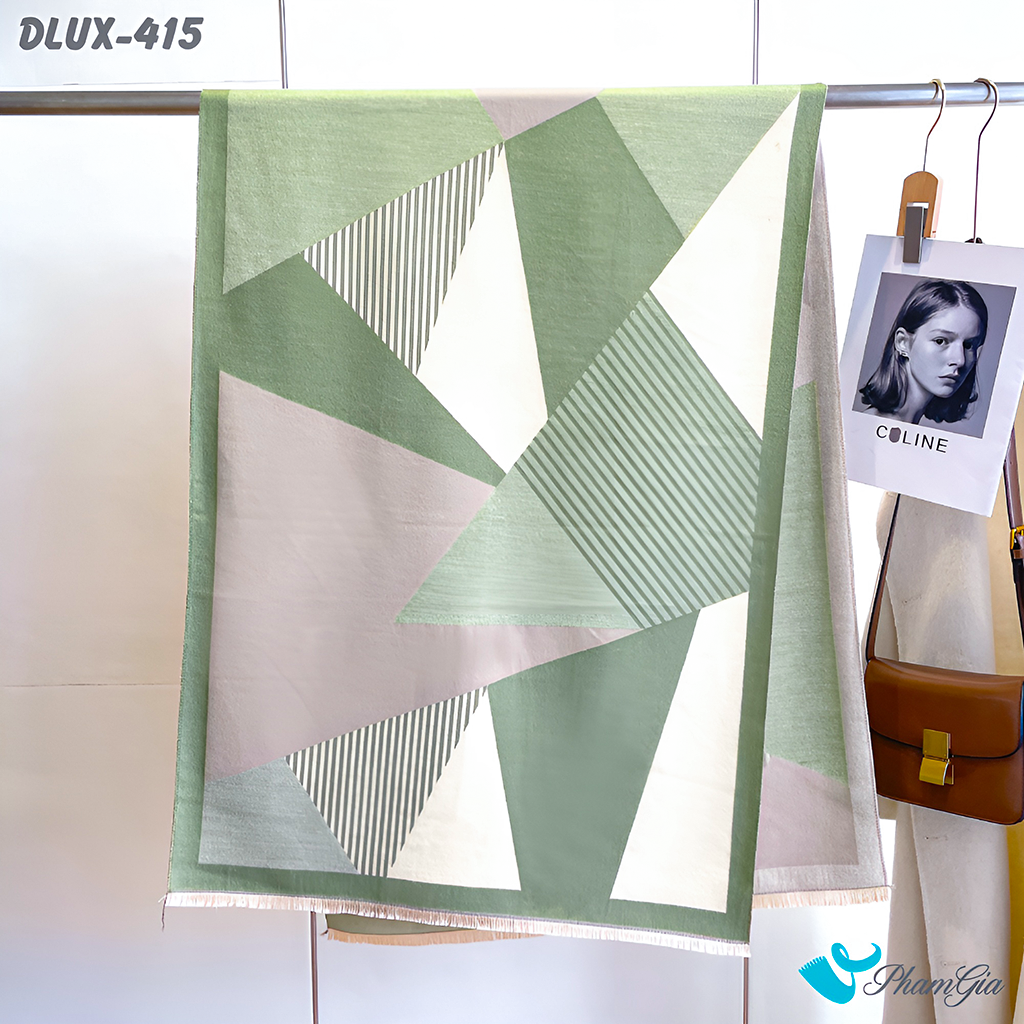 Họa Tiết Khăn Choàng Dạ Cashmere Cao Cấp Họa Tiết Lập Thể Phối Màu Xám - Xanh Bơ Thời Thượng