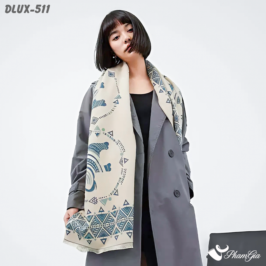 Khăn Choàng Dạ Cashmere Cao Cấp Họa Tiết Thổ Cẩm Màu Xanh Navy Phối Nền Beige Cá Tính