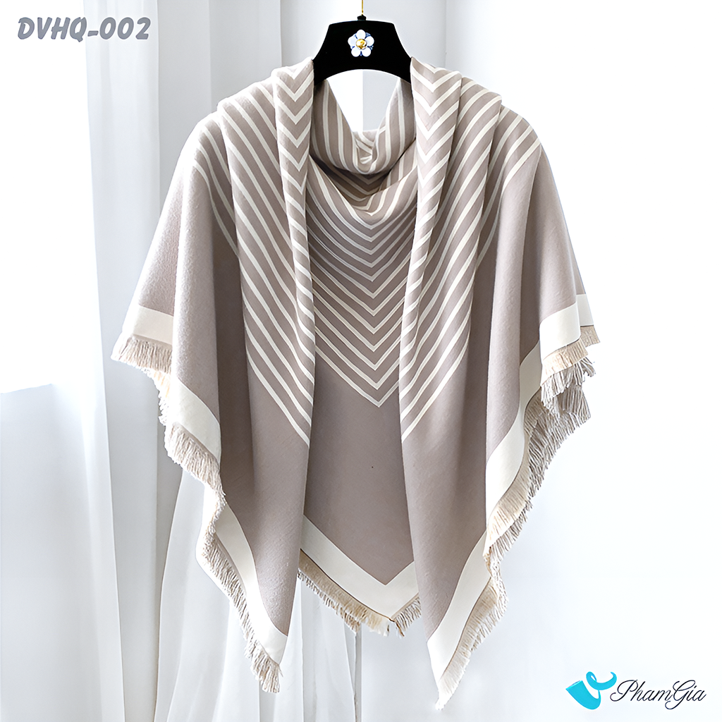 Khăn Choàng Dạ Cashmere Vuông Phong Cách Hàn Quốc Cao Cấp Họa Tiết Kẻ Sọc Beige - Trắng