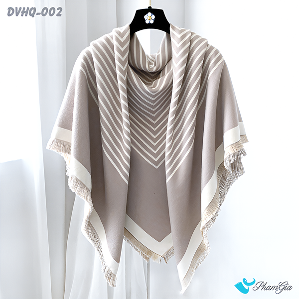 Khăn Choàng Dạ Cashmere Vuông Phong Cách Hàn Quốc Cao Cấp Họa Tiết Kẻ Sọc Beige - Trắng (DVHQ002)