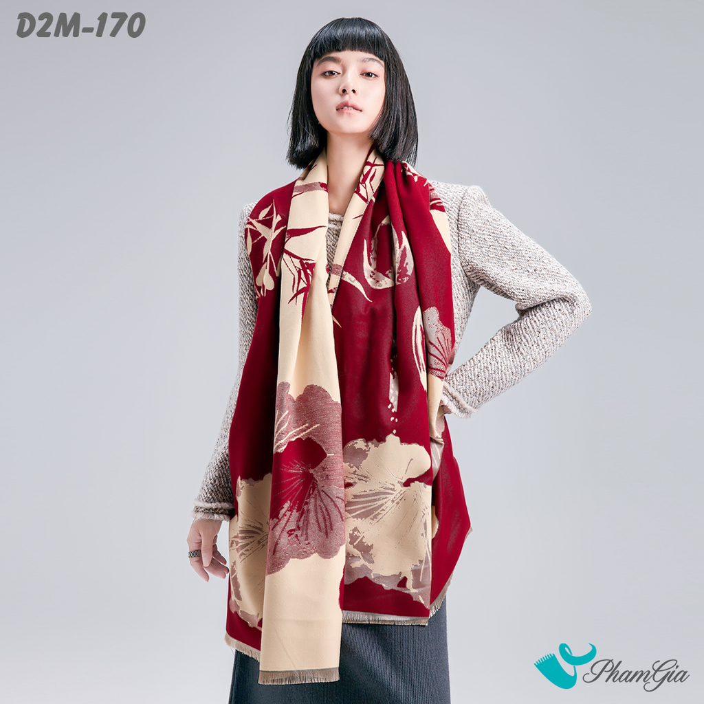 Khăn Choàng Dạ Cashmere 2 Mặt Cao Cấp Họa Tiết Cành Lá Màu Đỏ Đô Sang Trọng