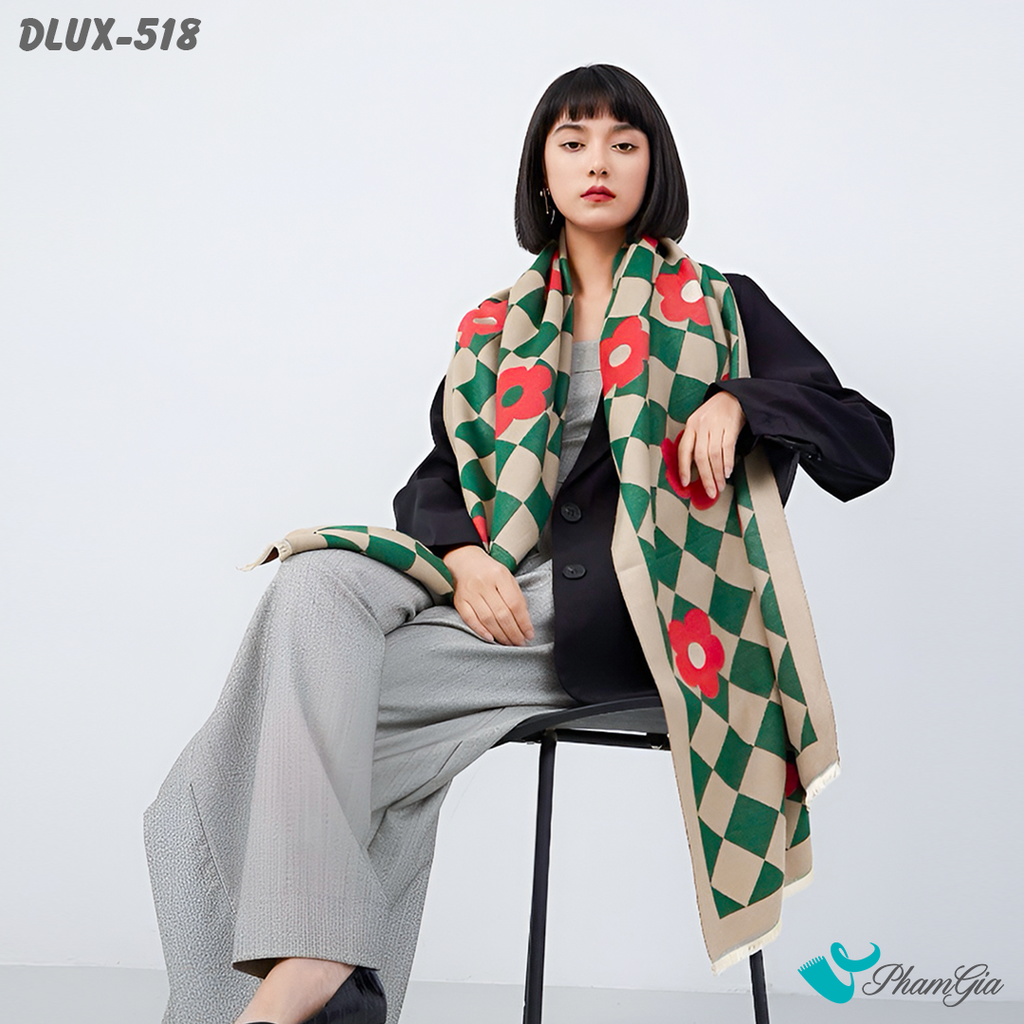 Khăn Choàng Dạ Cashmere Cao Cấp Họa Tiết Caro Màu Xanh Phối Hoa Mai Độc Đáo