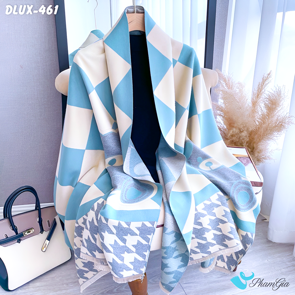 Khăn Choàng Dạ Cashmere Cao Cấp Họa Tiết Gấu Teddy Màu Xanh Baby Thanh Lịch