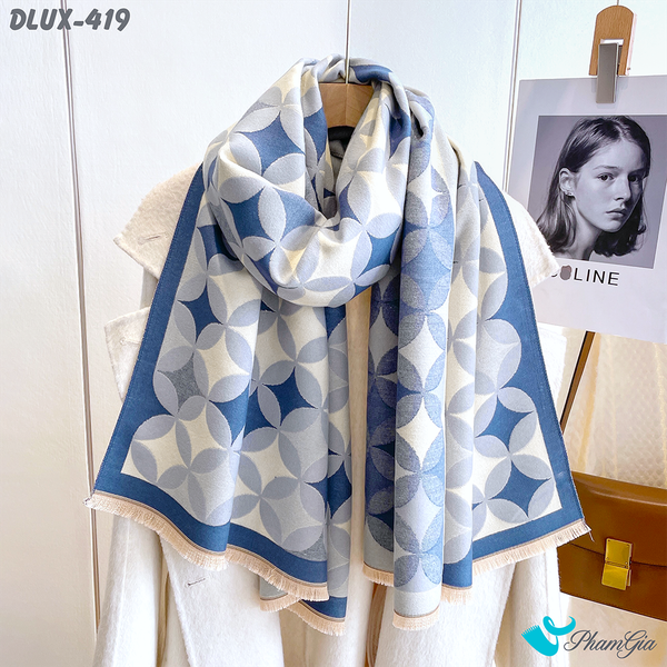 Khăn Choàng Dạ Cashmere Cao Cấp Họa Tiết Hình Học Màu Xanh Dương Thanh Lịch (DLUX419)