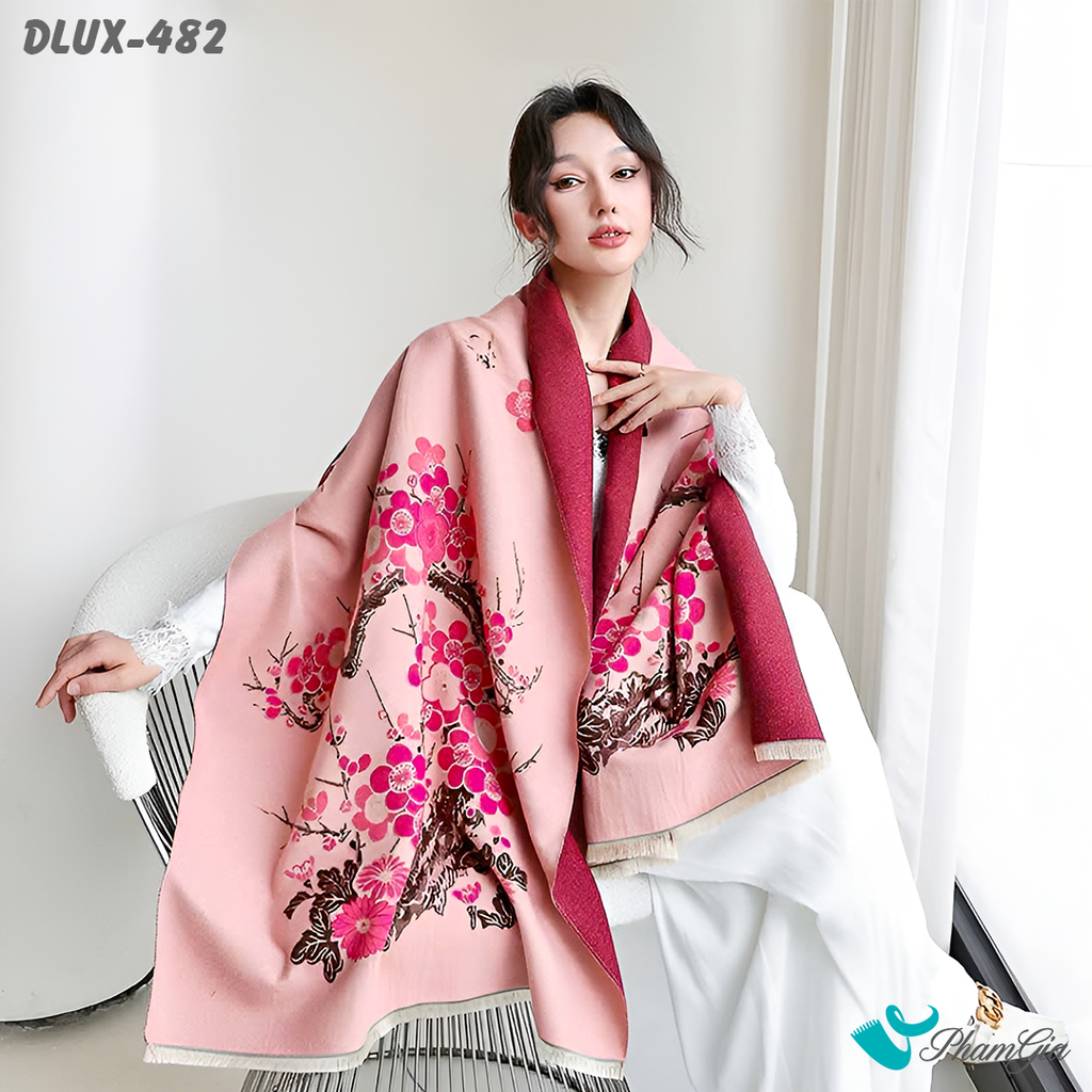 Model Choàng Khăn Choàng Dạ Cashmere Cao Cấp Họa Tiết Hoa Đào Màu Hồng Đào Trang Nhã