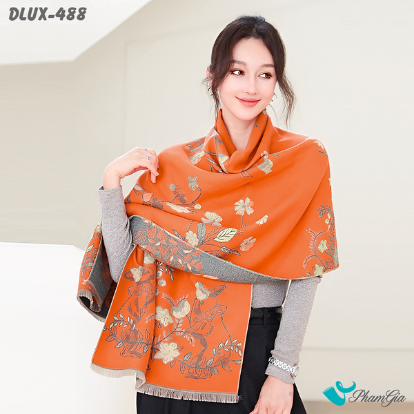 Khăn Choàng Dạ Cashmere Cao Cấp Họa Tiết Hoa Dây Leo Màu Cam Gạch Trẻ Trung (DLUX488)