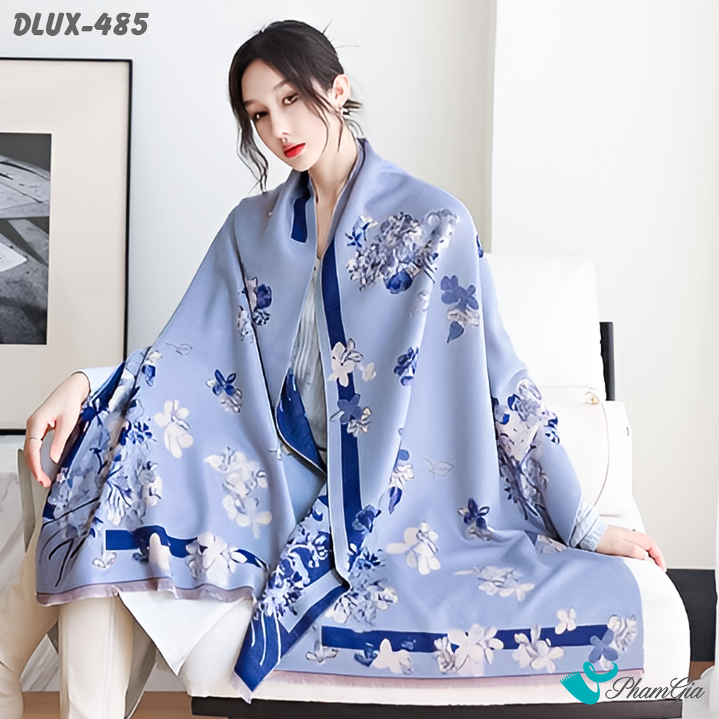 Họa Tiết Khăn Choàng Dạ Cashmere Cao Cấp Họa Tiết Hoa Lá Màu Xanh Blue Trang Nhã