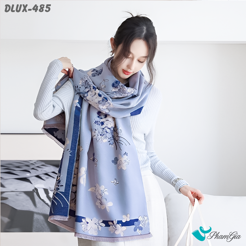 Model Choàng Khăn Choàng Dạ Cashmere Cao Cấp Họa Tiết Hoa Lá Màu Xanh Blue Trang Nhã