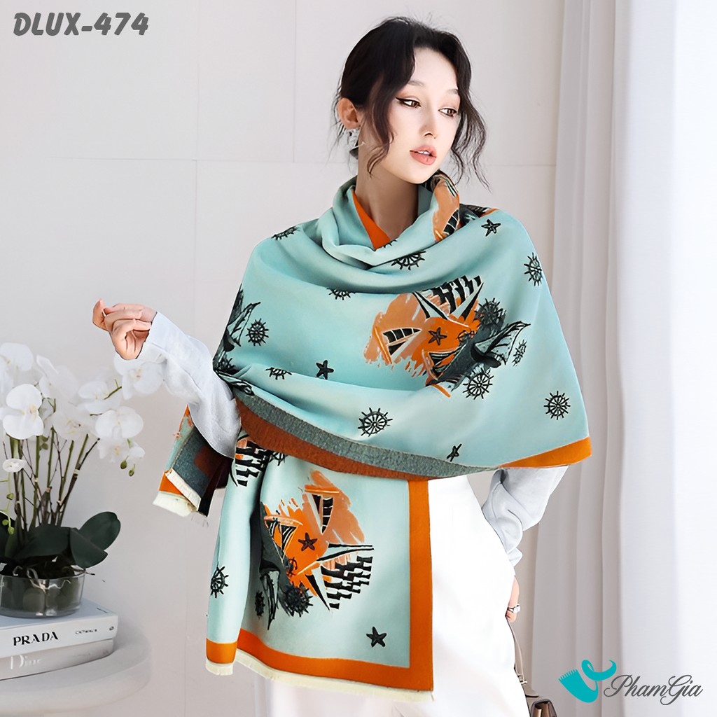Người Mẫu Choàng Khăn Choàng Dạ Cashmere Cao Cấp Họa Tiết Retro Màu Xanh Ngọc Thanh Lịch