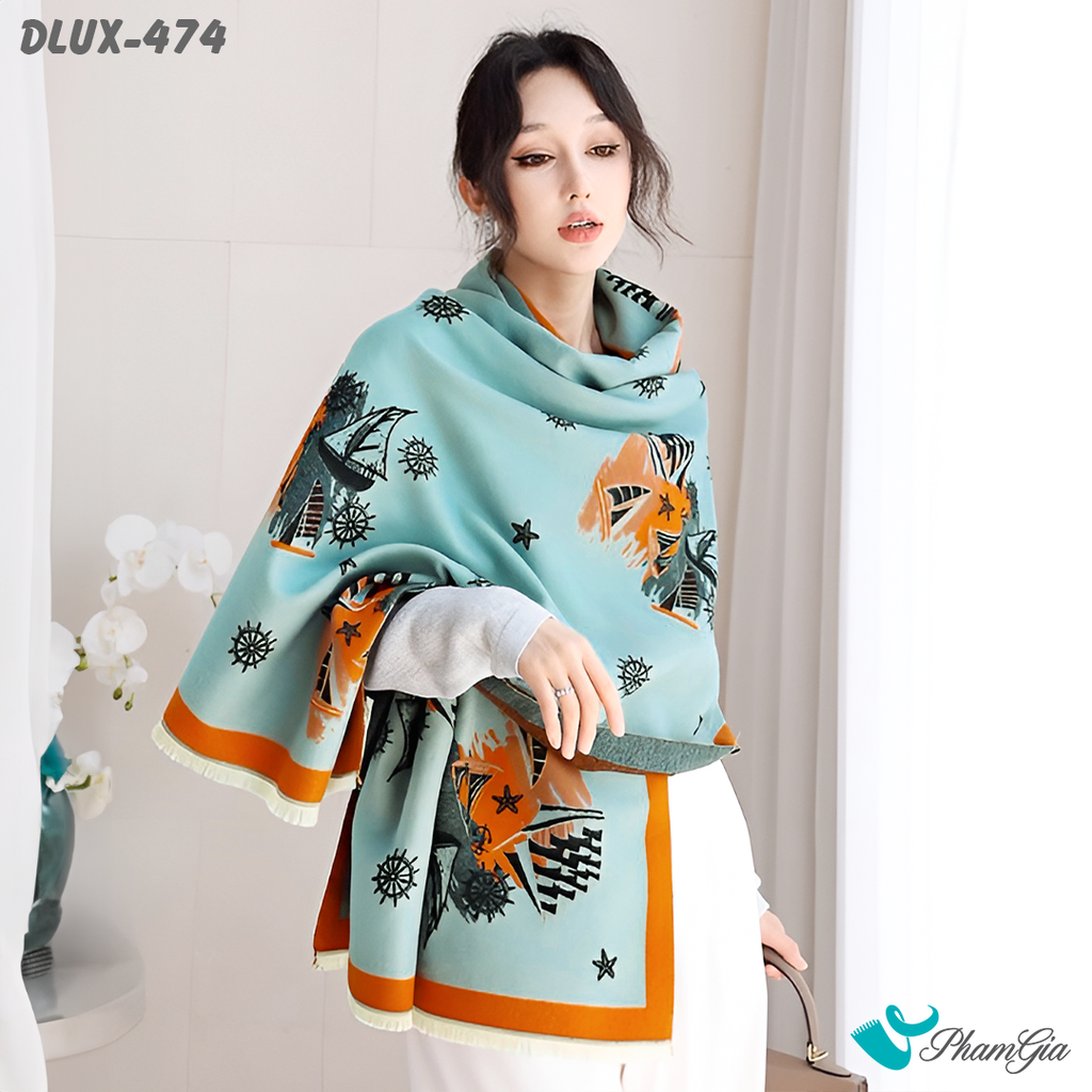 Model Choàng Khăn Choàng Dạ Cashmere Cao Cấp Họa Tiết Retro Màu Xanh Ngọc Thanh Lịch