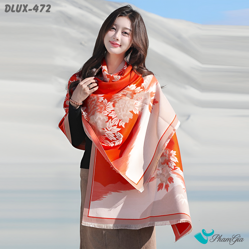 Người Mẫu Choàng Khăn Choàng Dạ Cashmere Cao Cấp Họa Tiết Sơn Thủy Màu Cam Cháy Ấn Tượng