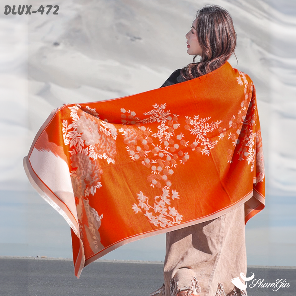 Họa Tiết Khăn Choàng Dạ Cashmere Cao Cấp Họa Tiết Sơn Thủy Màu Cam Cháy Ấn Tượng