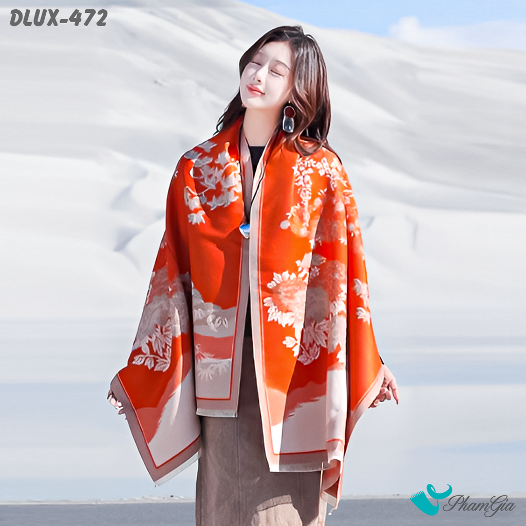 Model Choàng Khăn Choàng Dạ Cashmere Cao Cấp Họa Tiết Sơn Thủy Màu Cam Cháy Ấn Tượng
