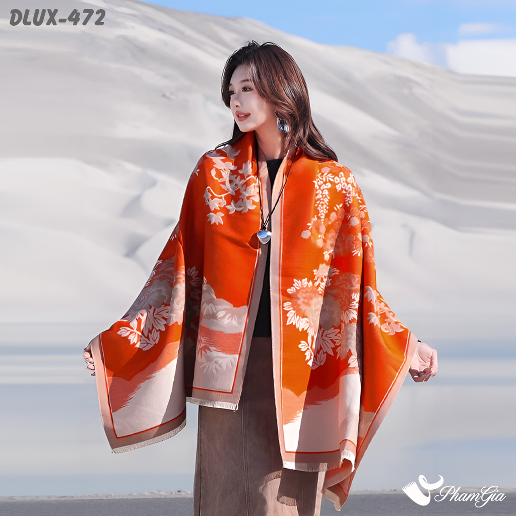 Người Mẫu Khăn Choàng Dạ Cashmere Cao Cấp Họa Tiết Sơn Thủy Màu Cam Cháy Ấn Tượng