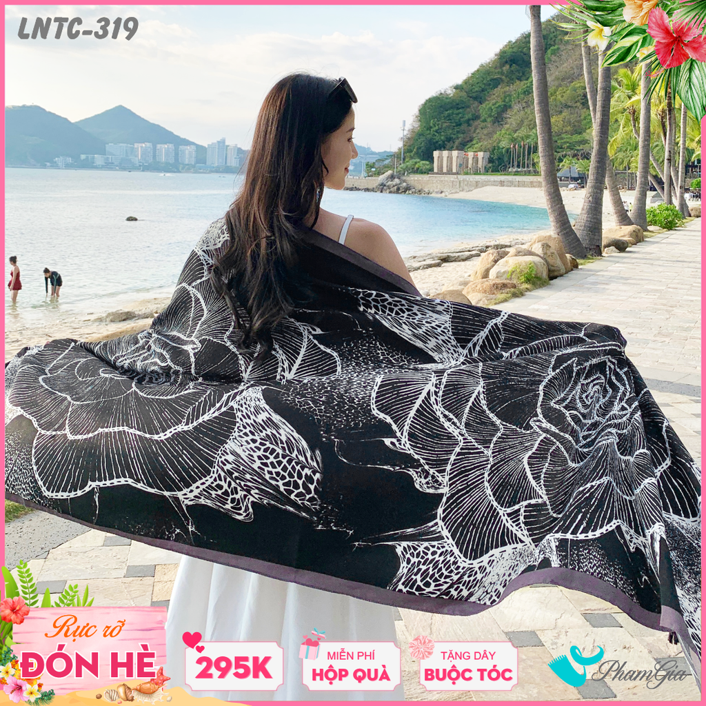 Khăn Choàng Linen Boho Họa Tiết Hoa Hồng Khắc Nét Màu Xanh Đen Cuốn Hút