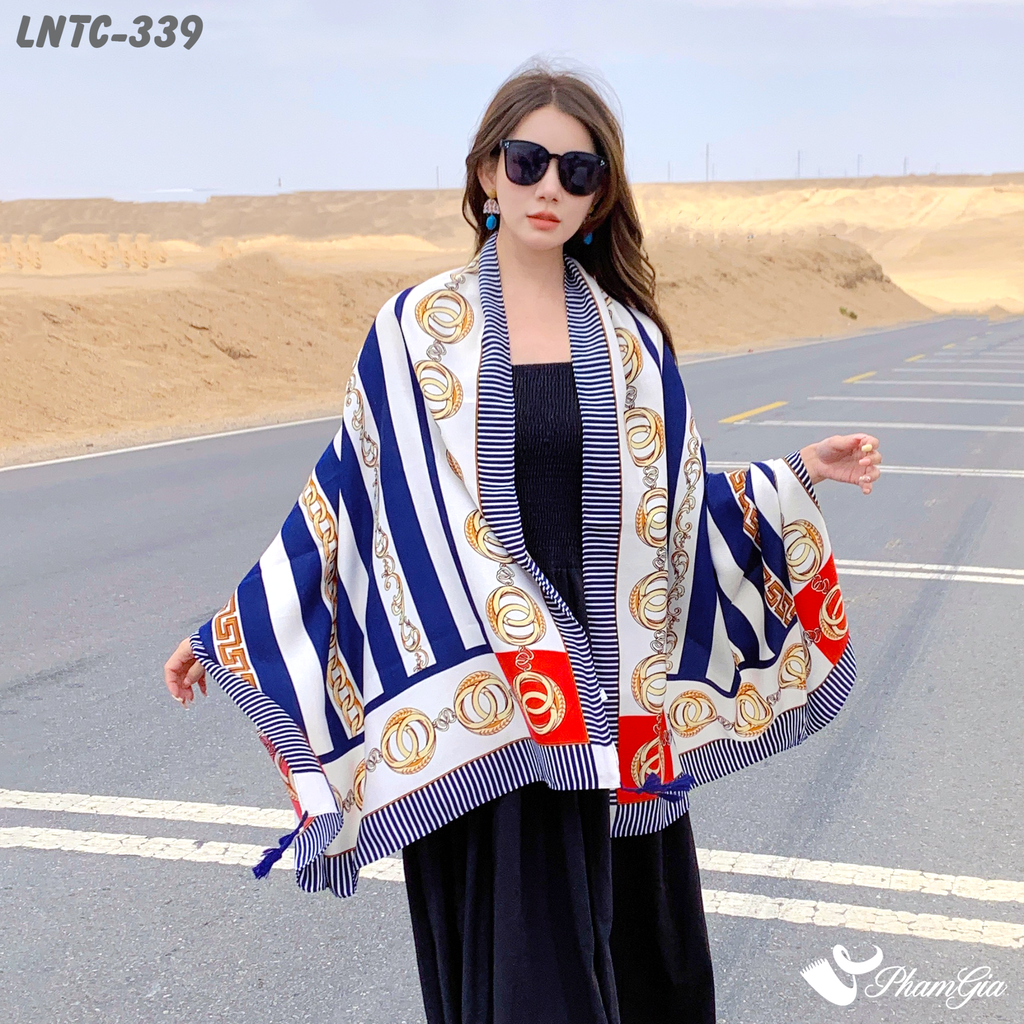 Model Choàng Khăn Choàng Linen Boho Họa Tiết Kẻ Sọc Hải Quân Màu Xanh Trắng Hiện Đại