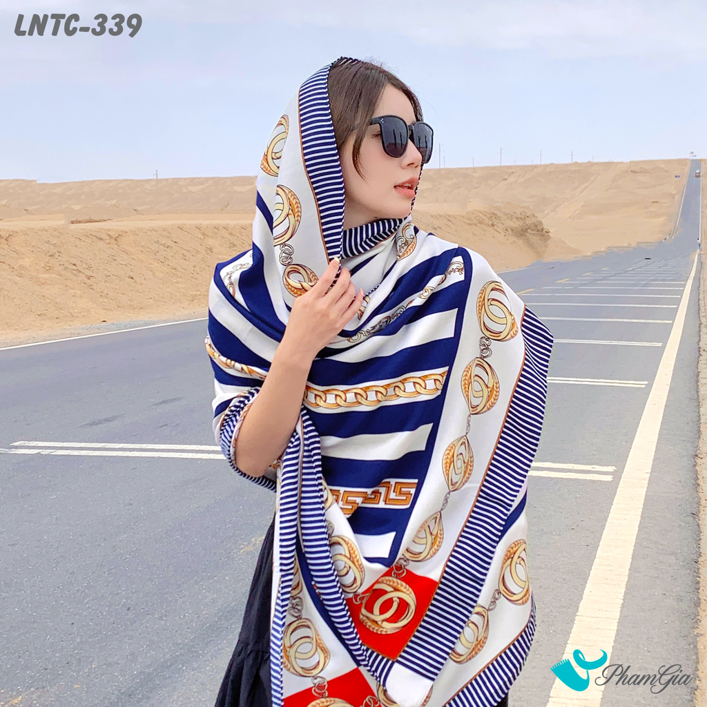 Khăn Choàng Linen Boho Họa Tiết Kẻ Sọc Hải Quân Màu Xanh Trắng Hiện Đại
