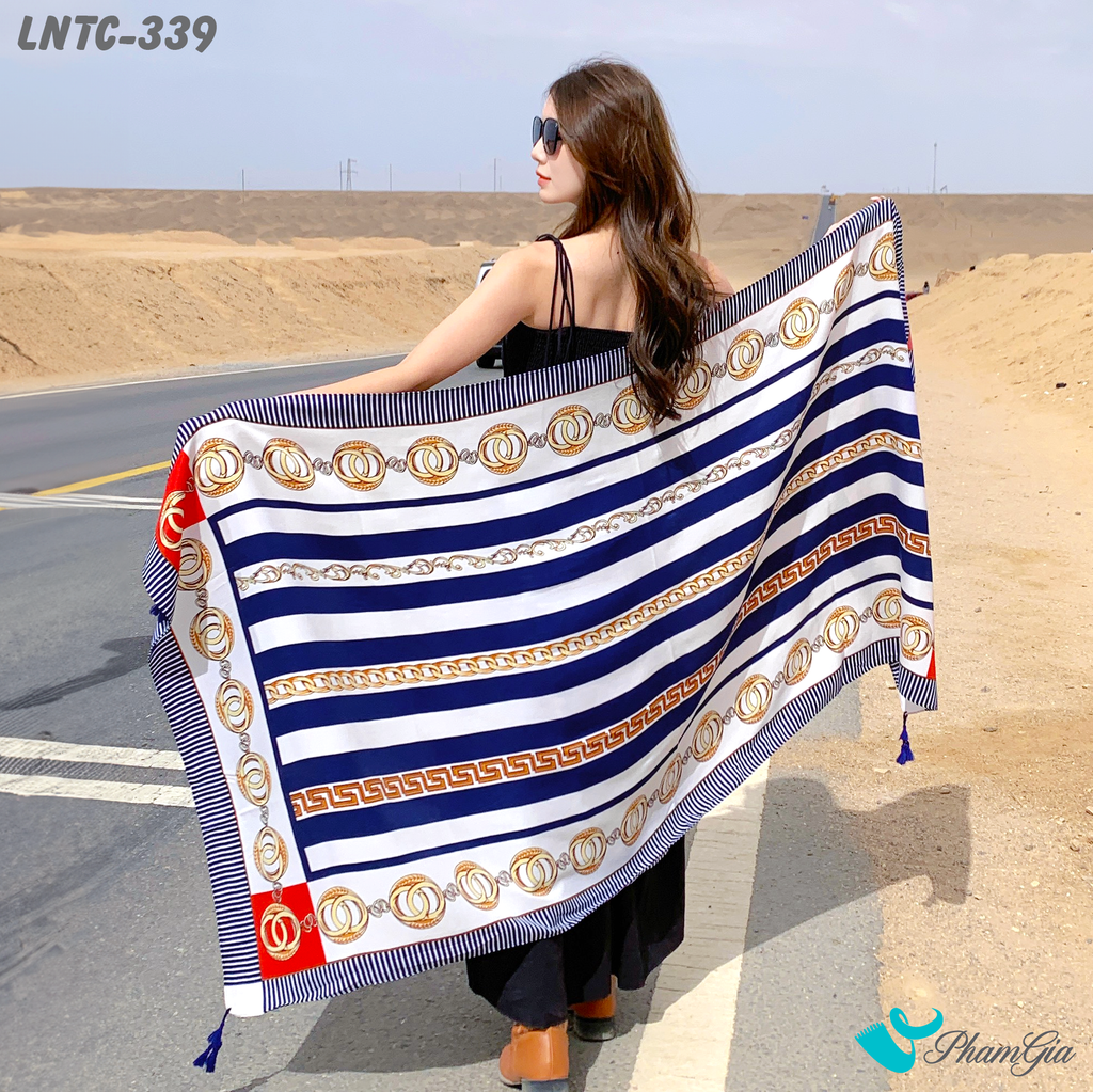 Họa Tiết Khăn Choàng Linen Boho Họa Tiết Kẻ Sọc Hải Quân Màu Xanh Trắng Hiện Đại