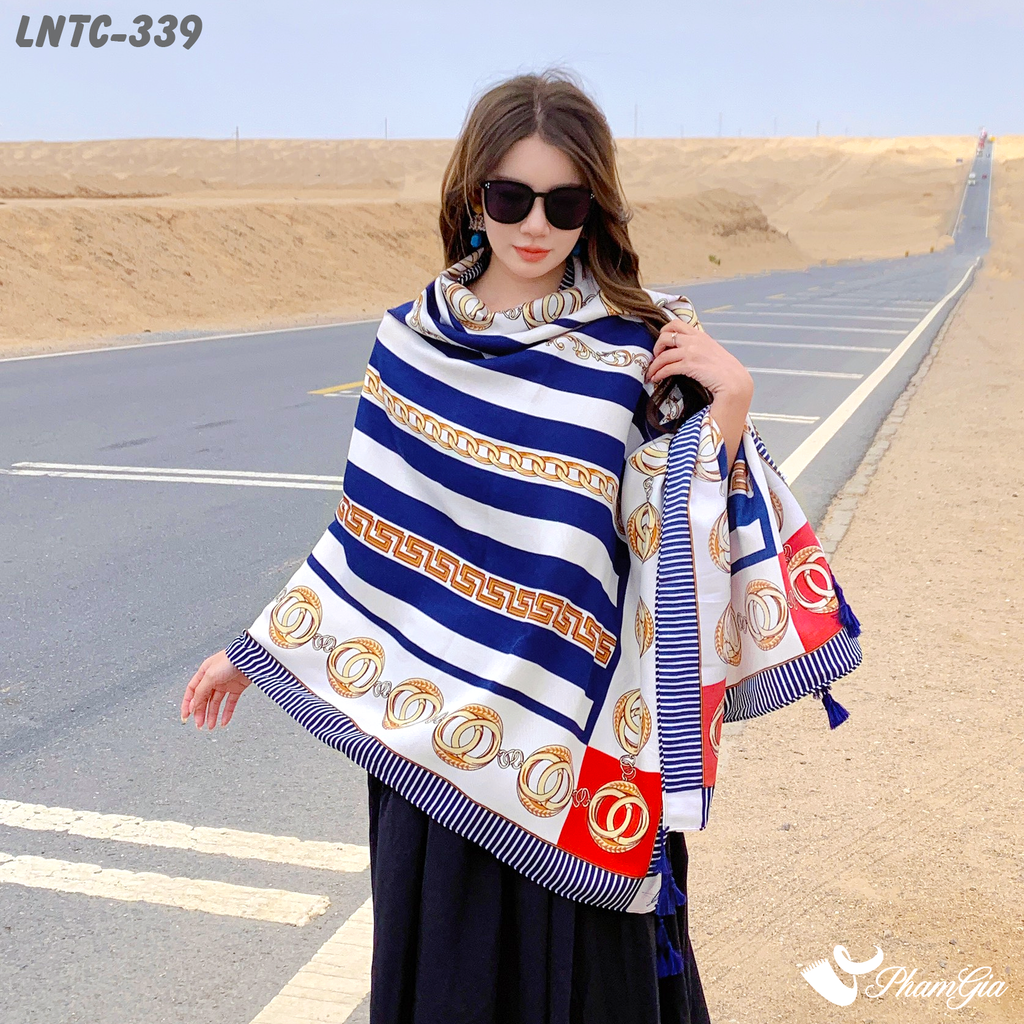 Người Mẫu Choàng Khăn Choàng Linen Boho Họa Tiết Kẻ Sọc Hải Quân Màu Xanh Trắng Hiện Đại