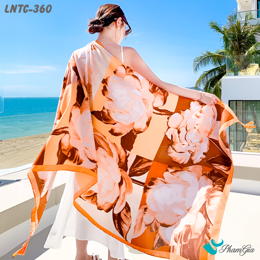 Họa Tiết Khăn Choàng Linen Boho Họa Tiết Thổ Cẩm Phối Hoa Màu Cam Đào Thanh Lịch
