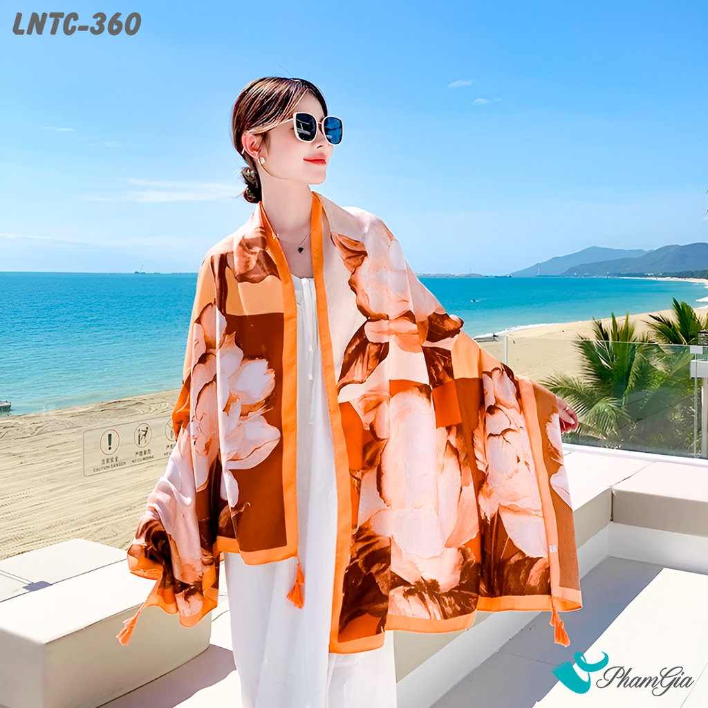 Khăn Choàng Linen Boho Họa Tiết Thổ Cẩm Phối Hoa Màu Cam Đào Thanh Lịch