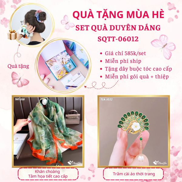 Quà Tặng Mùa Hè - Set Quà Tặng Khăn Choàng Tằm Họa Tiết Và Ghim Cài Áo Duyên Dáng (SQTT06012)