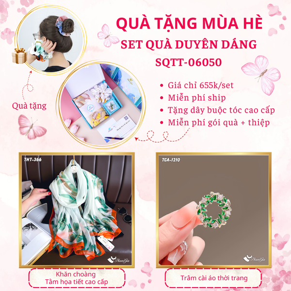 Quà Tặng Mùa Hè - Set Quà Tặng Khăn Choàng Tằm Họa Tiết Và Ghim Cài Áo Duyên Dáng (SQTT06050)