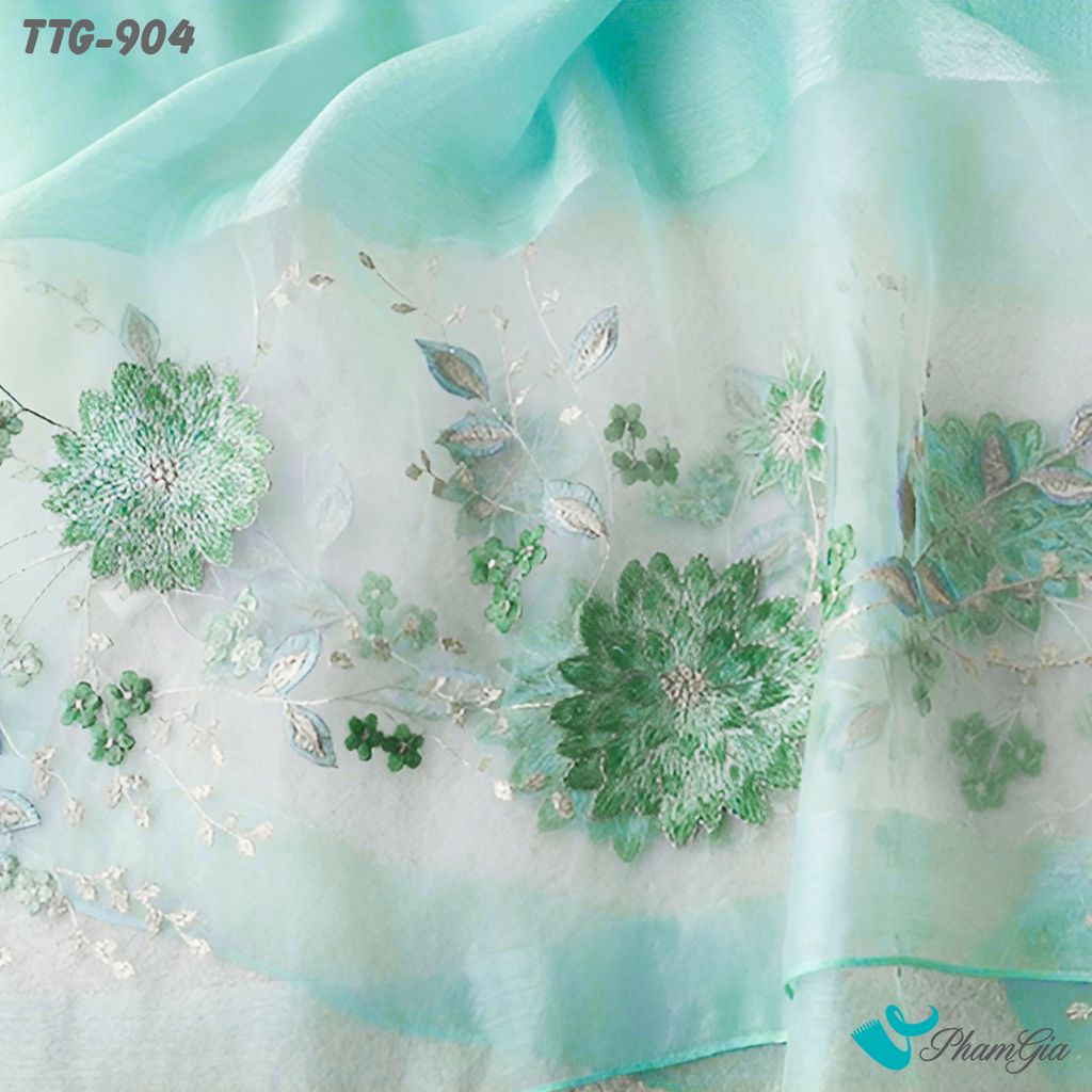 Họa Tiết Khăn Choàng Tơ Tằm Gân Cao Cấp Thêu Hoa Cúc Đại Đóa Màu Xanh Baby Thanh