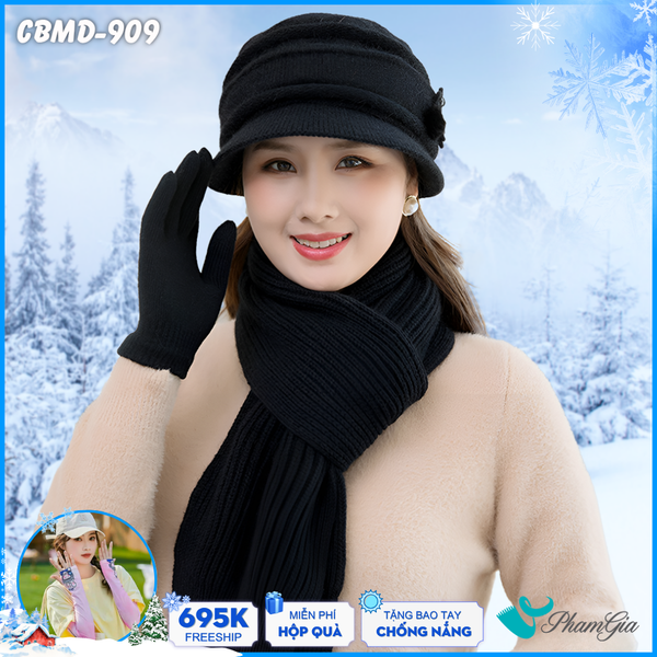 Combo Len Giữ Ấm Gồm Nón - Khăn - Găng Tay Màu Đen Tuyền (CBMD909)